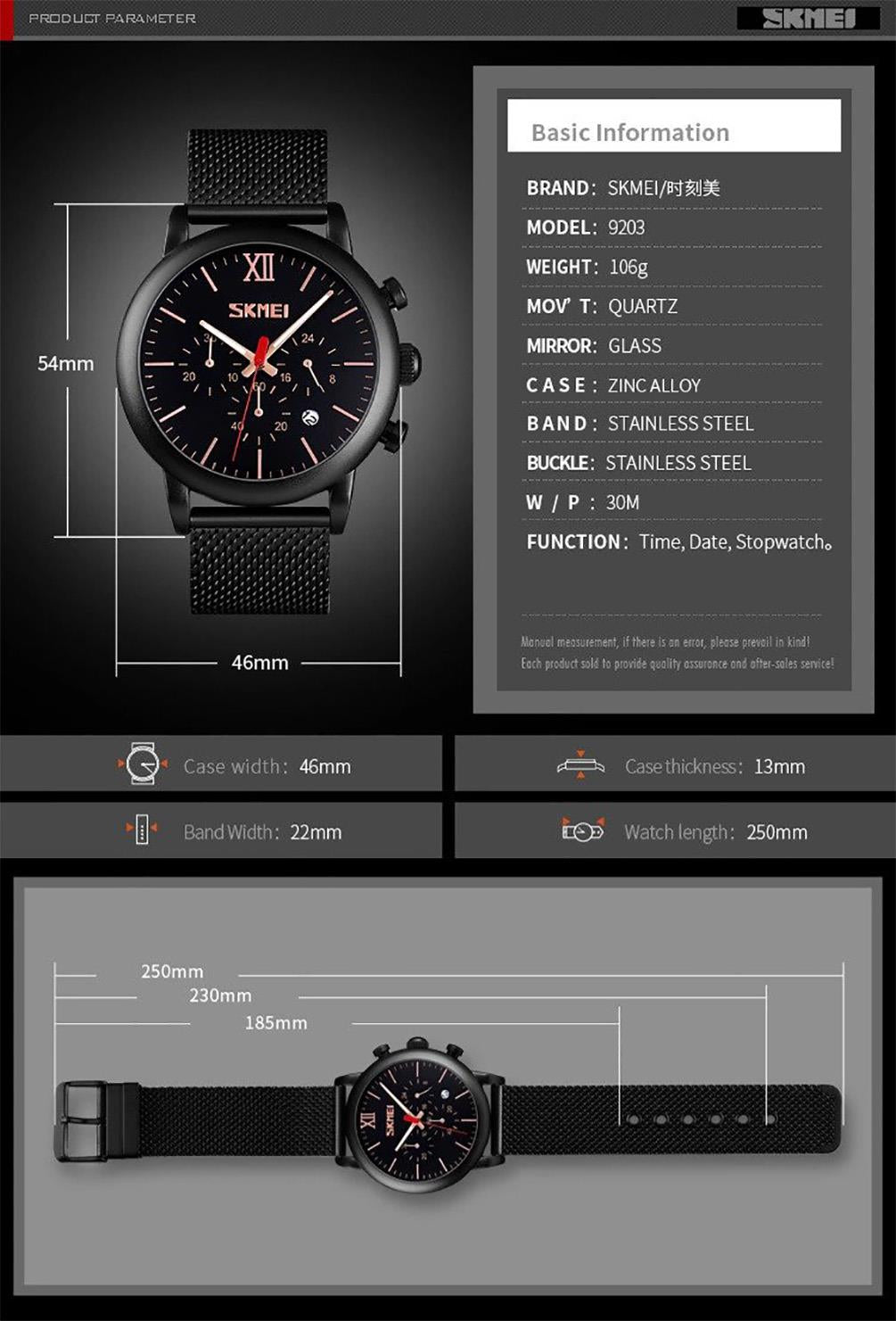 Skmei Mens Black Chronograph Quartz Watch Mesh Metal Strap Date Display SK9023