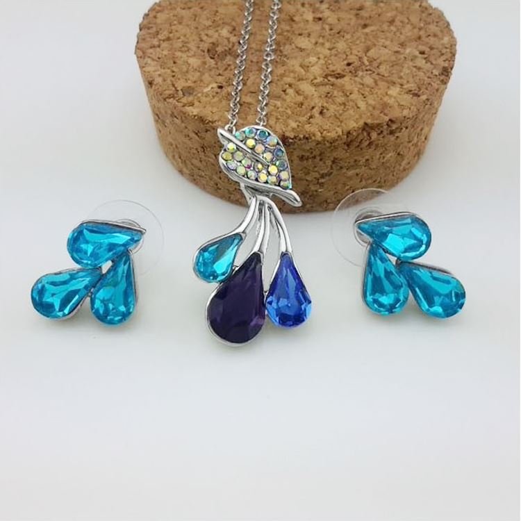 Rainbow Women's Jewellery Set Flower Leaf Waterdrop Pendant Necklace & Earrings UK BG1487