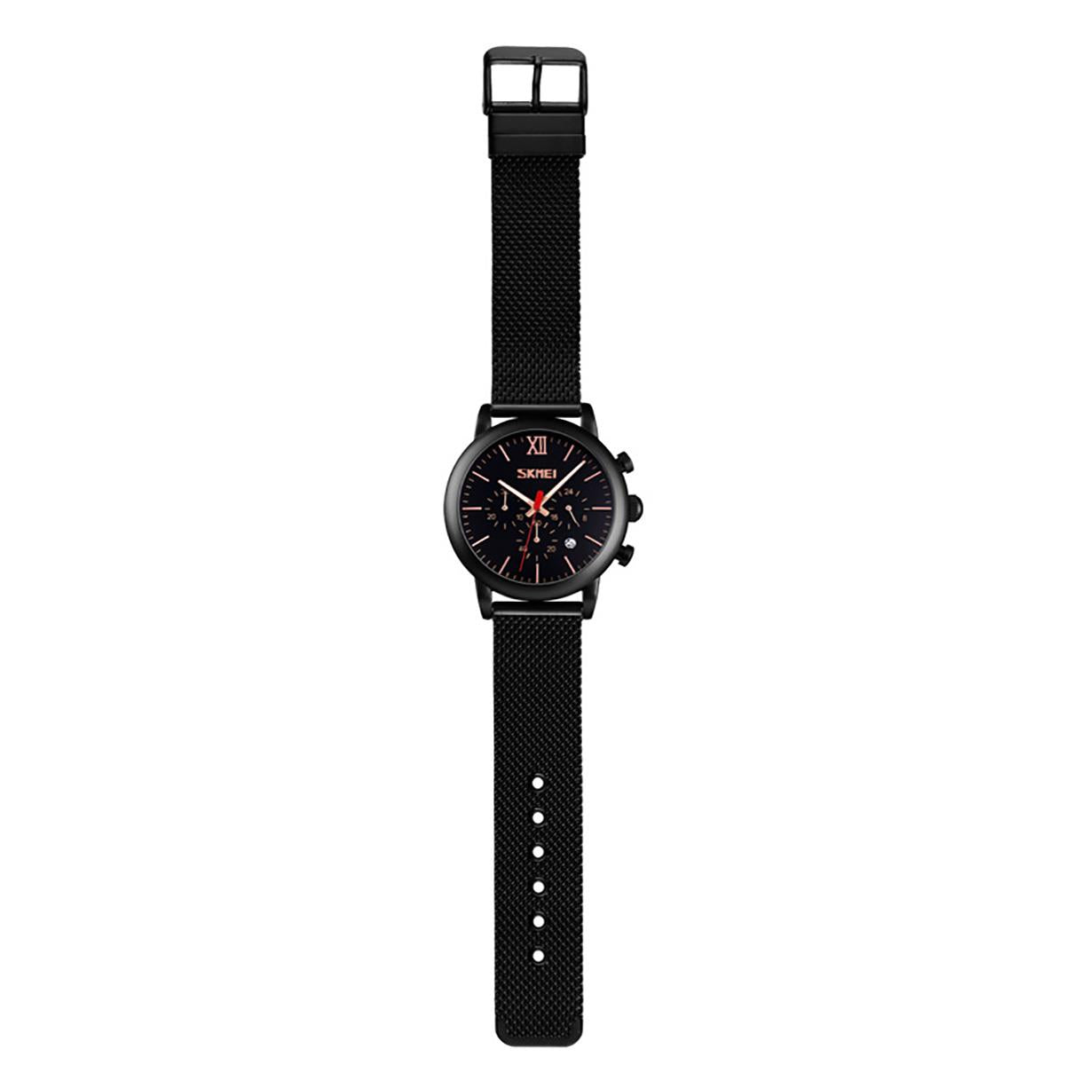 Skmei Mens Black Chronograph Quartz Watch Mesh Metal Strap Date Display SK9023