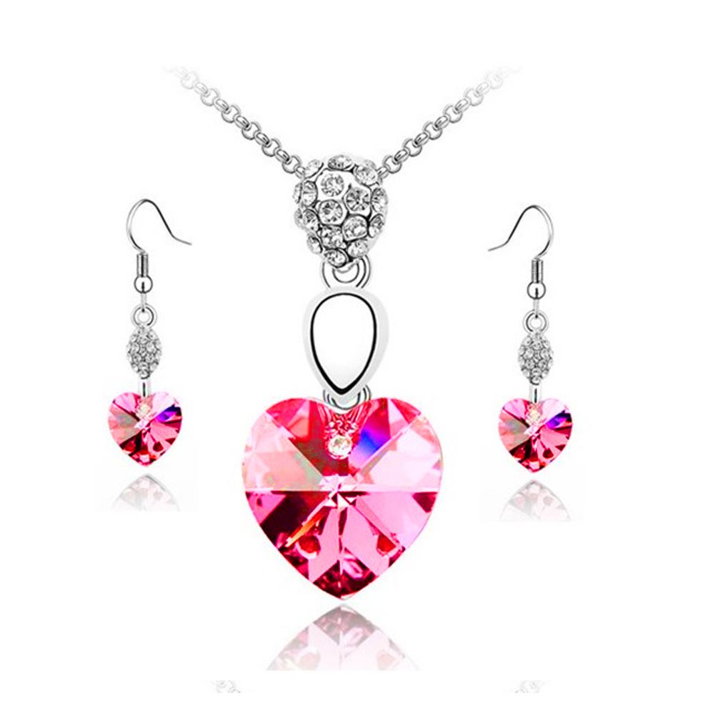 Hot Pink Heart Pendant Necklace & Earrings Set Ladies Jewellery from Charles William
