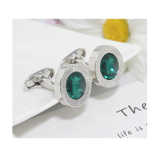 Round Silver Cufflinks with Green Stone