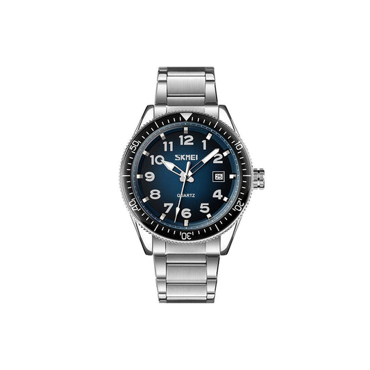 Blue Mens Watch Stainless Steel Strap with Date and Black Rotating Bezel