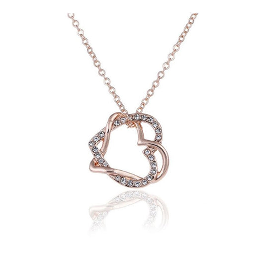 Women's Rose Gold Double Heart Jewellery Necklace Crystal Stones Love Gift UK Seller