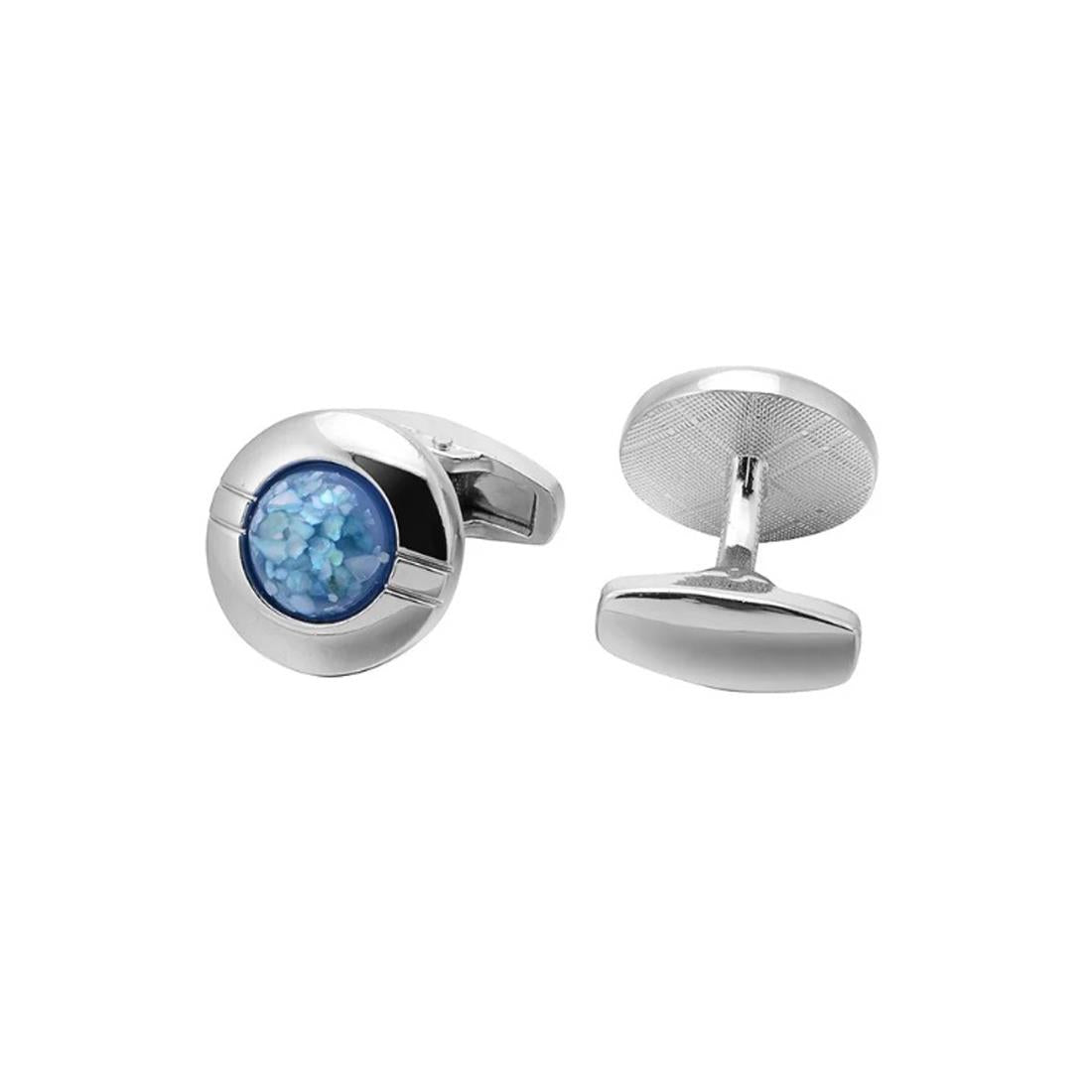 Round Silver Blue Cufflinks Ridged Bezel Elegant Shards Classy Design