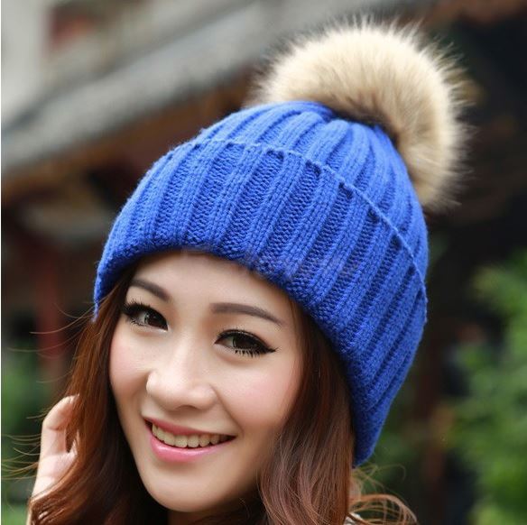 Charles William Fur Pompom Hat Knitted Winter Warm Woolly Pom Pom Beanie Classic Blue