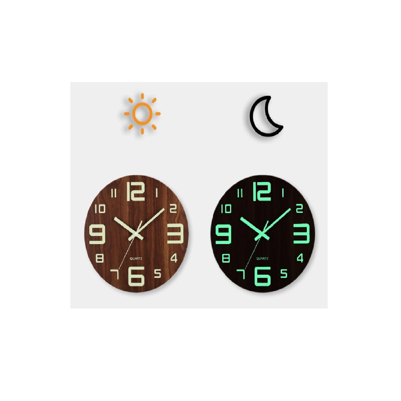 Brown Wooden Clock Silent Movement Luminous Markers