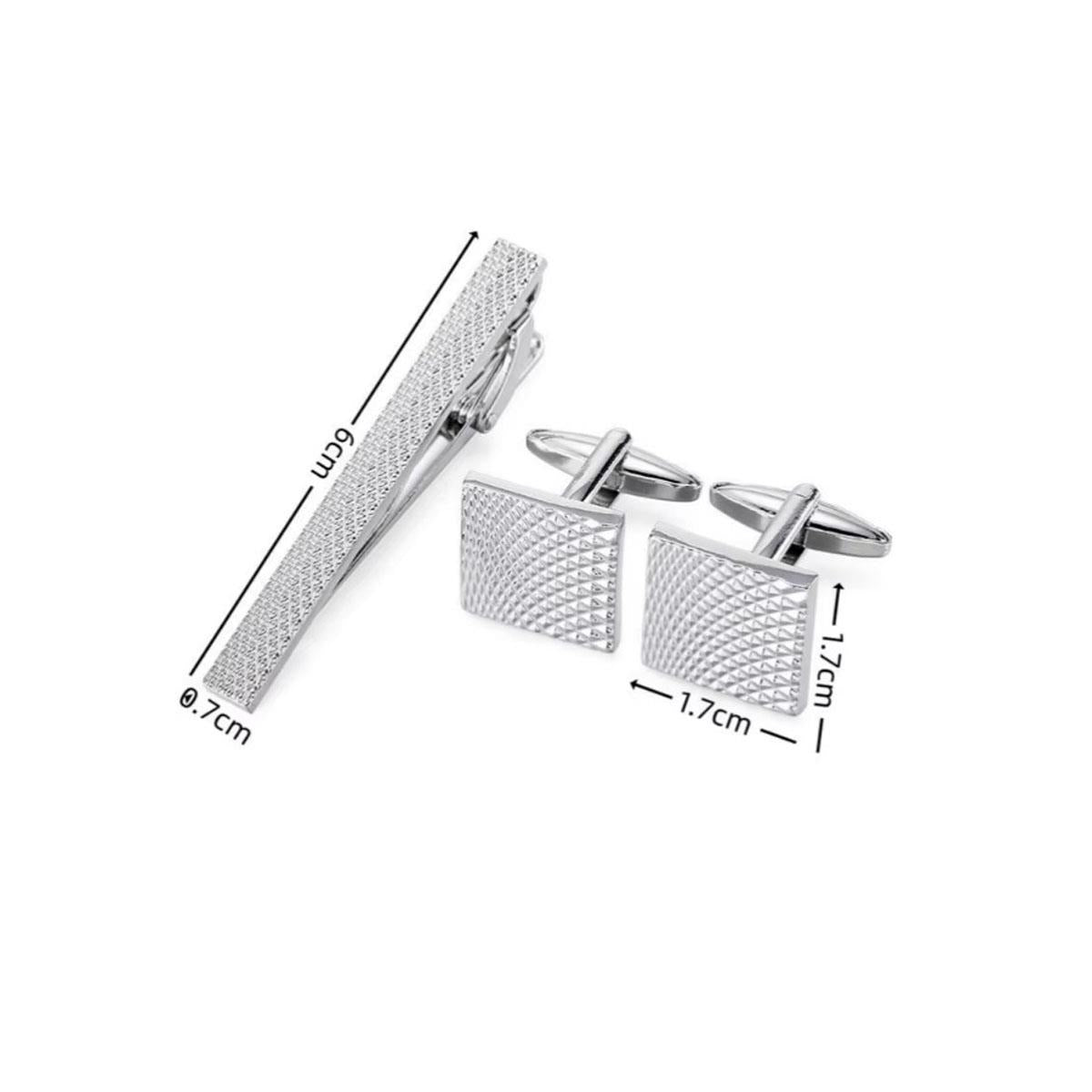 Silver Tie Clip Cufflink Set in Luxury Design with Pouch and Box