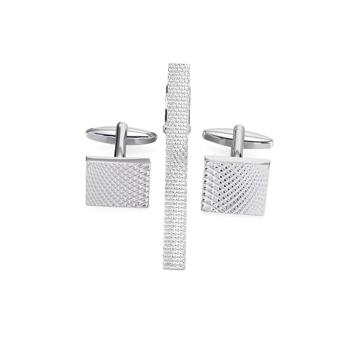 Silver Tie Clip Cufflink Set in Luxury Design with Pouch and Box