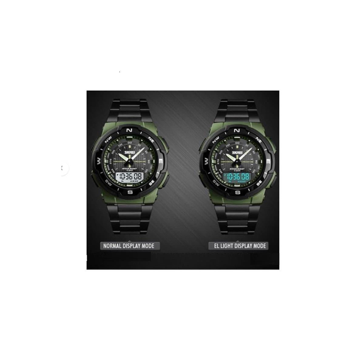 Large Display Dual Time Digital Analogue Army Green Watch