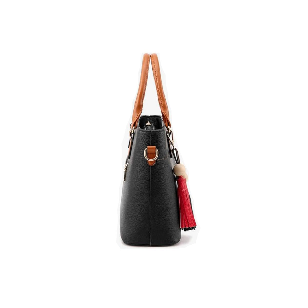 Ladies Black Handbag with Tan Strap Handle - Leather
