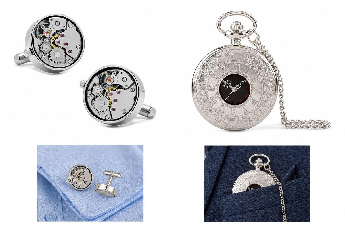 Silver Working Watch Movement Steampunk Cufflinks with Pocket Watch Gift Set