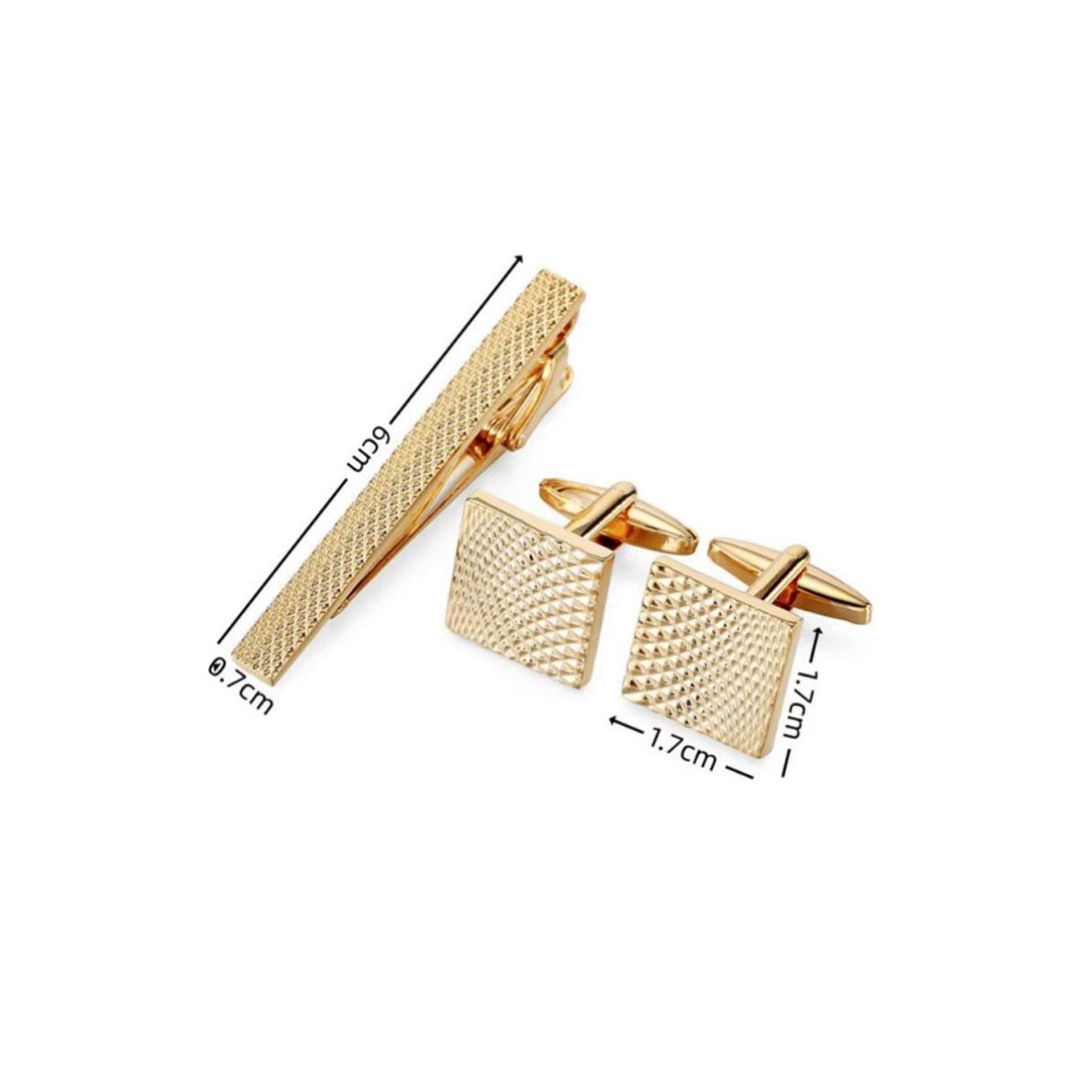 Gold Tie Clip Cufflink Set in Luxury Design with Pouch and Box