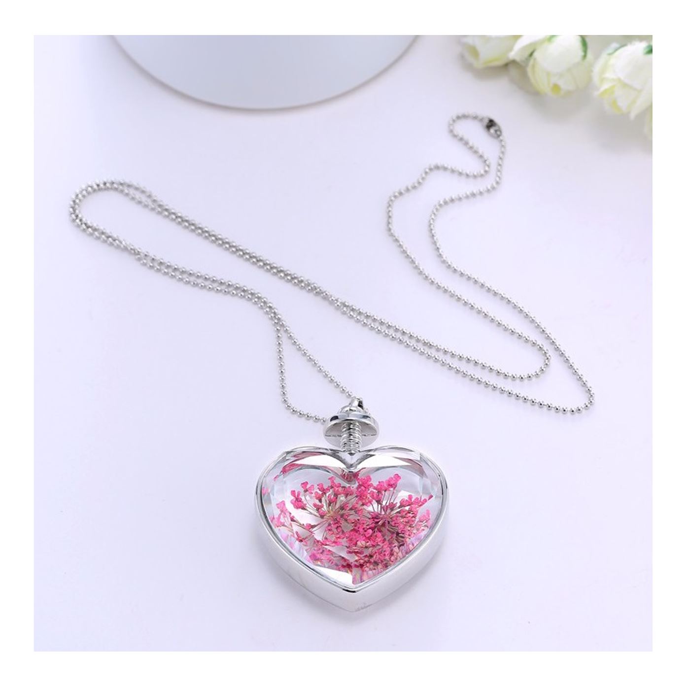 Charles William Love Heart REAL Flower Necklace Pendant Silver Chain Fine Gift Ladies Womans UK