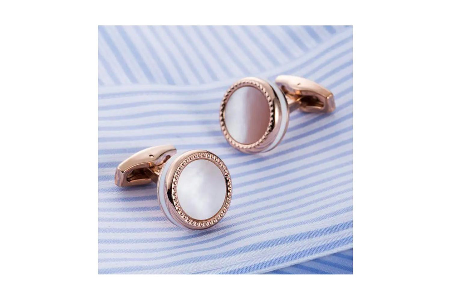 Luxury Rose Gold Cufflinks Mother Of Pearl Stone White Band Elegant Design