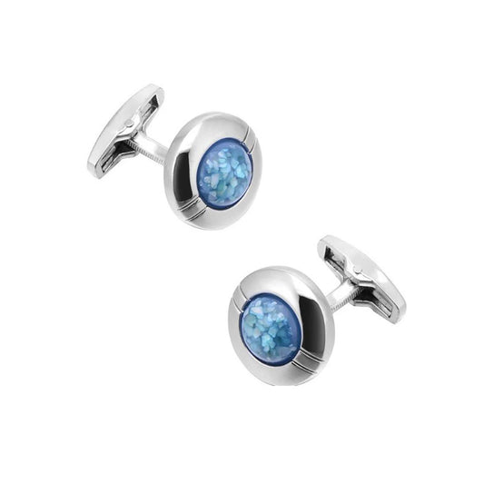 Round Silver Blue Cufflinks Ridged Bezel Elegant Shards Classy Design