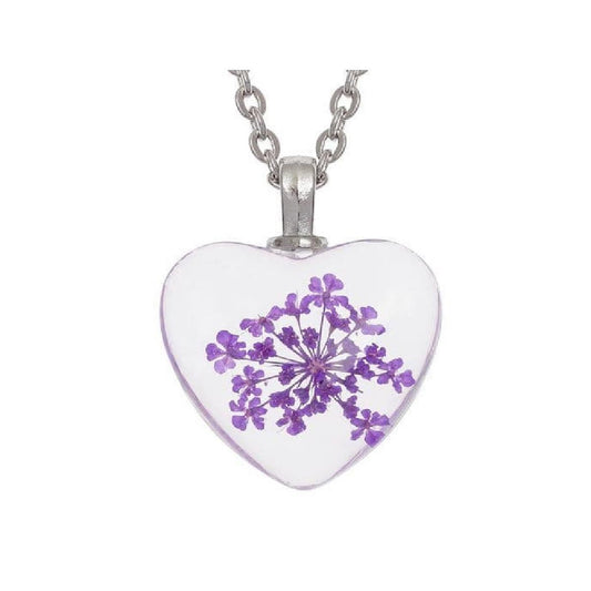 Charles William Love Heart REAL Flower Purple Pendant on Silver Necklace