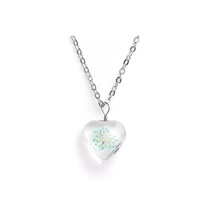 Charles William Love Heart REAL Flower White Pendant on Silver Necklace