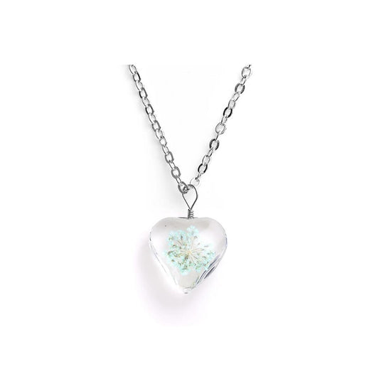 Charles William Love Heart REAL Flower White Pendant on Silver Necklace