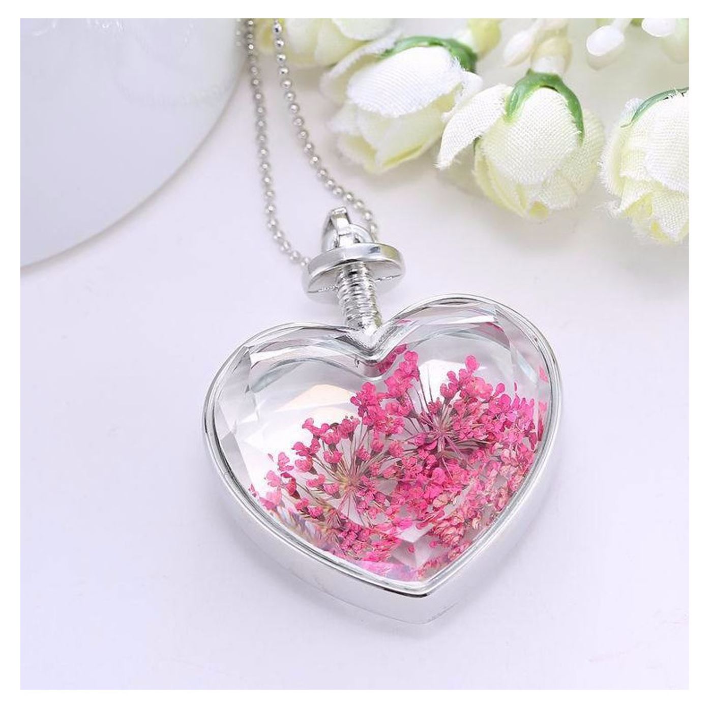 Charles William Love Heart REAL Flower Necklace Pendant Silver Chain Fine Gift Ladies Womans UK