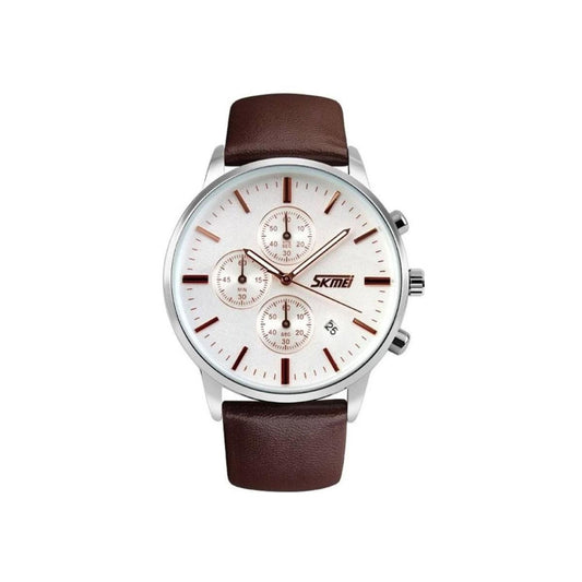 Mens Watch White Dial Silver Bezel Rose Gold Hands with Brown Leather Strap Date