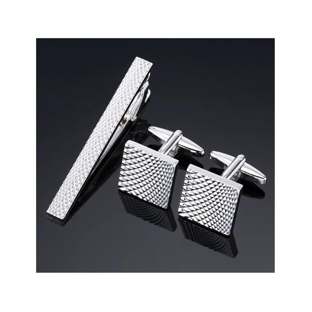 Silver Tie Clip Cufflink Set in Luxury Design with Pouch and Box