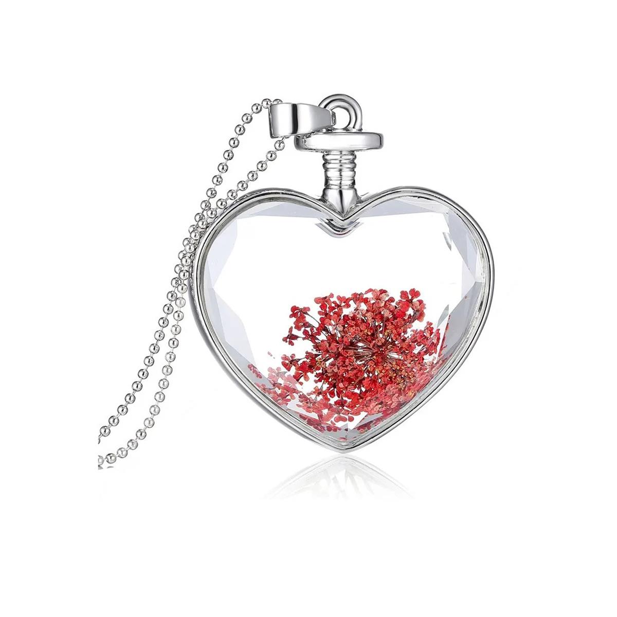 Charles William Love Heart REAL Flower Red Pendant on Silver Necklace