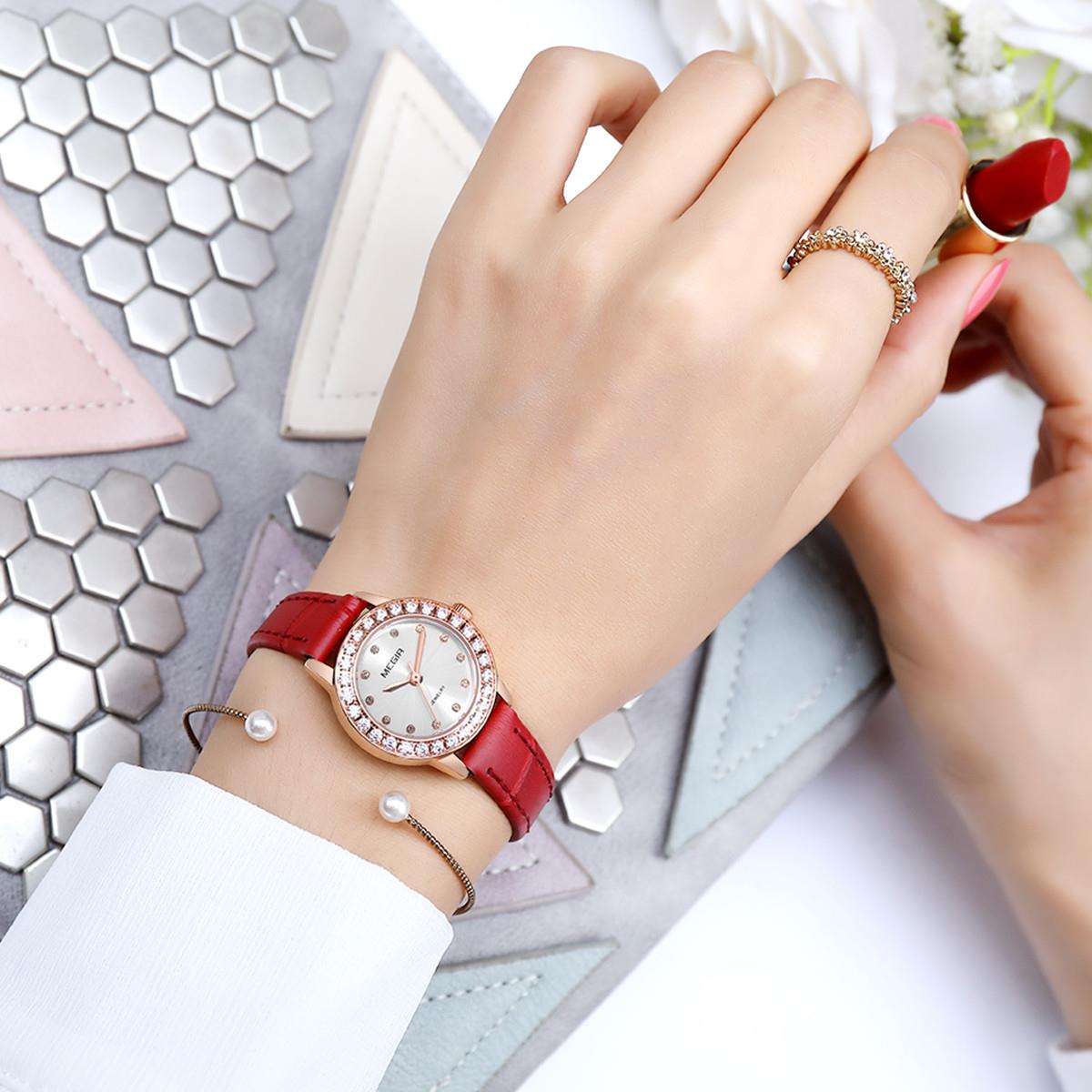 Megir Ladies Round Luxury Watch Rose Gold Leather Strap