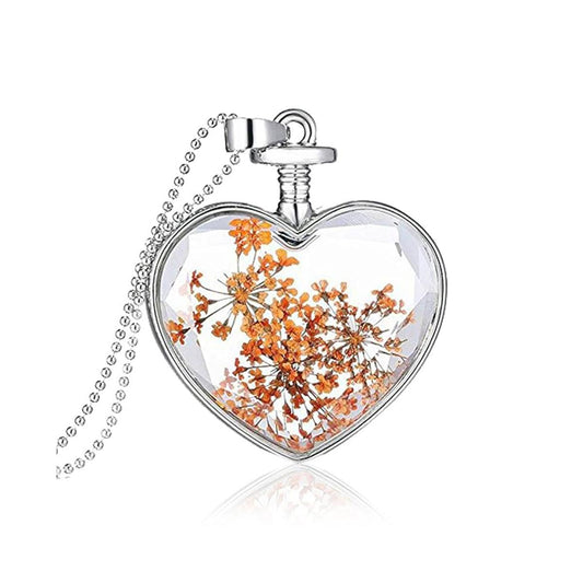 Charles William Love Heart REAL Flower Orange Saffron Pendant on Silver Necklace