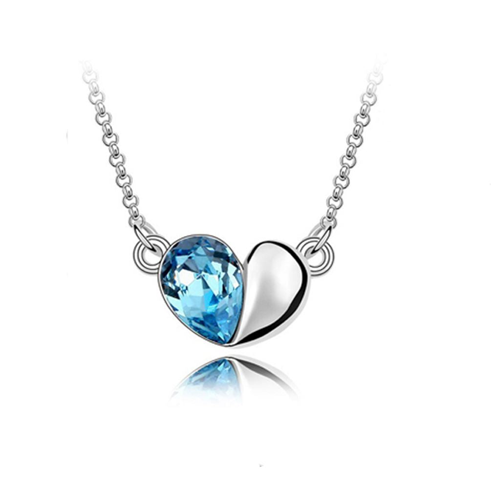 Charles William Sky Blue Designer Love Heart Crystal Silver Jewellery Necklace