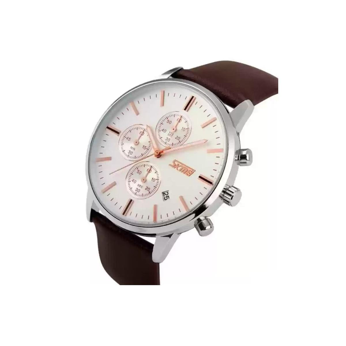 Mens Watch White Dial Silver Bezel Rose Gold Hands with Brown Leather Strap Date