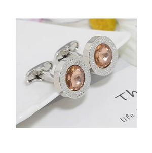 Round Silver Cufflinks With Beige Salmon Stone