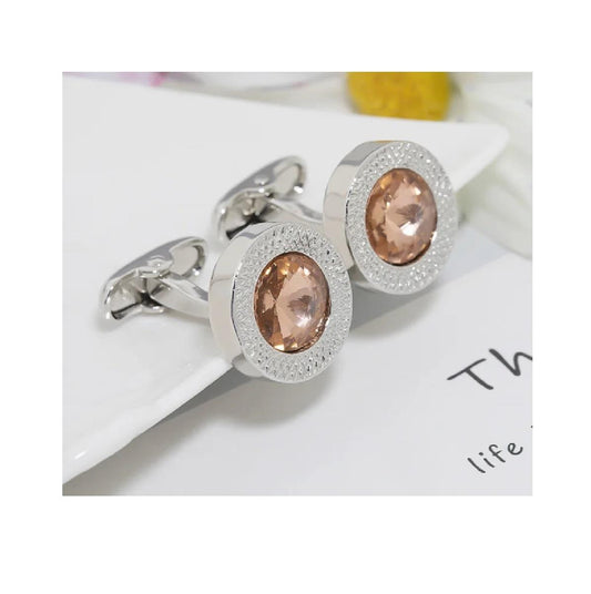 Round Silver Cufflinks With Beige Salmon Stone