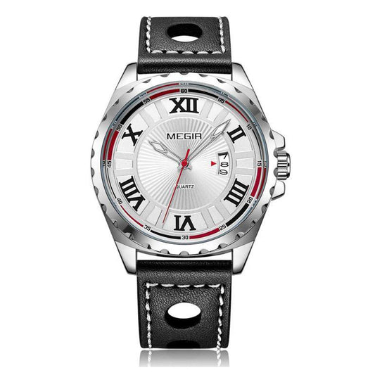 Megir Round Quartz Analogue Watch Black Silver Red Date