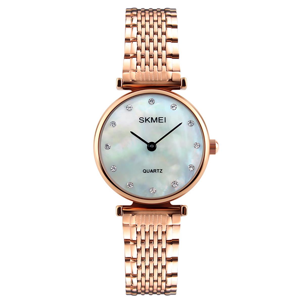 Skmei Women's Ladies Watch Rose Gold Mother Of Pearl Mesh Strap Crystal Stones SK1223
