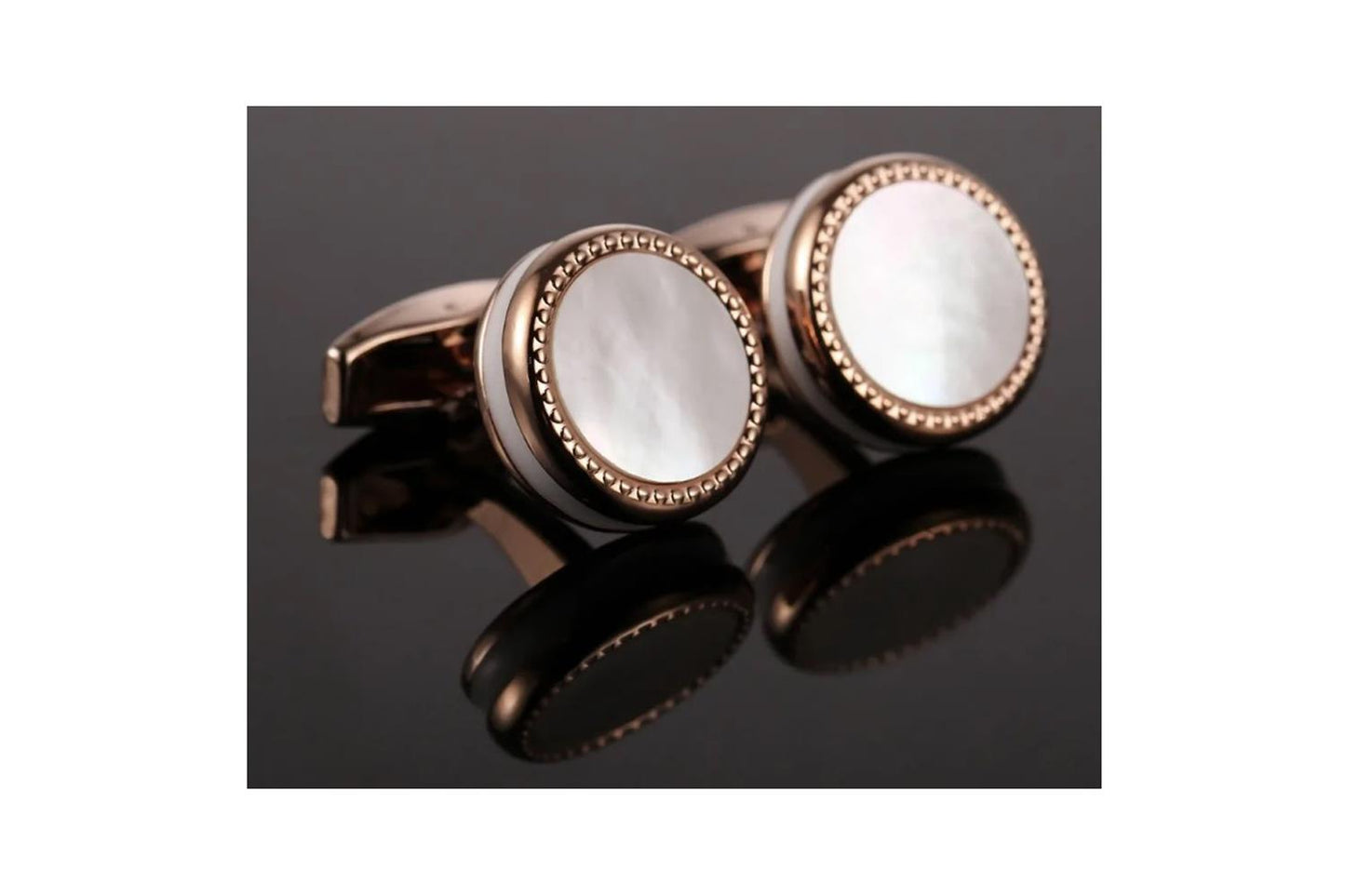 Rose Gold Cufflinks Mother Of Pearl Stone and White Band