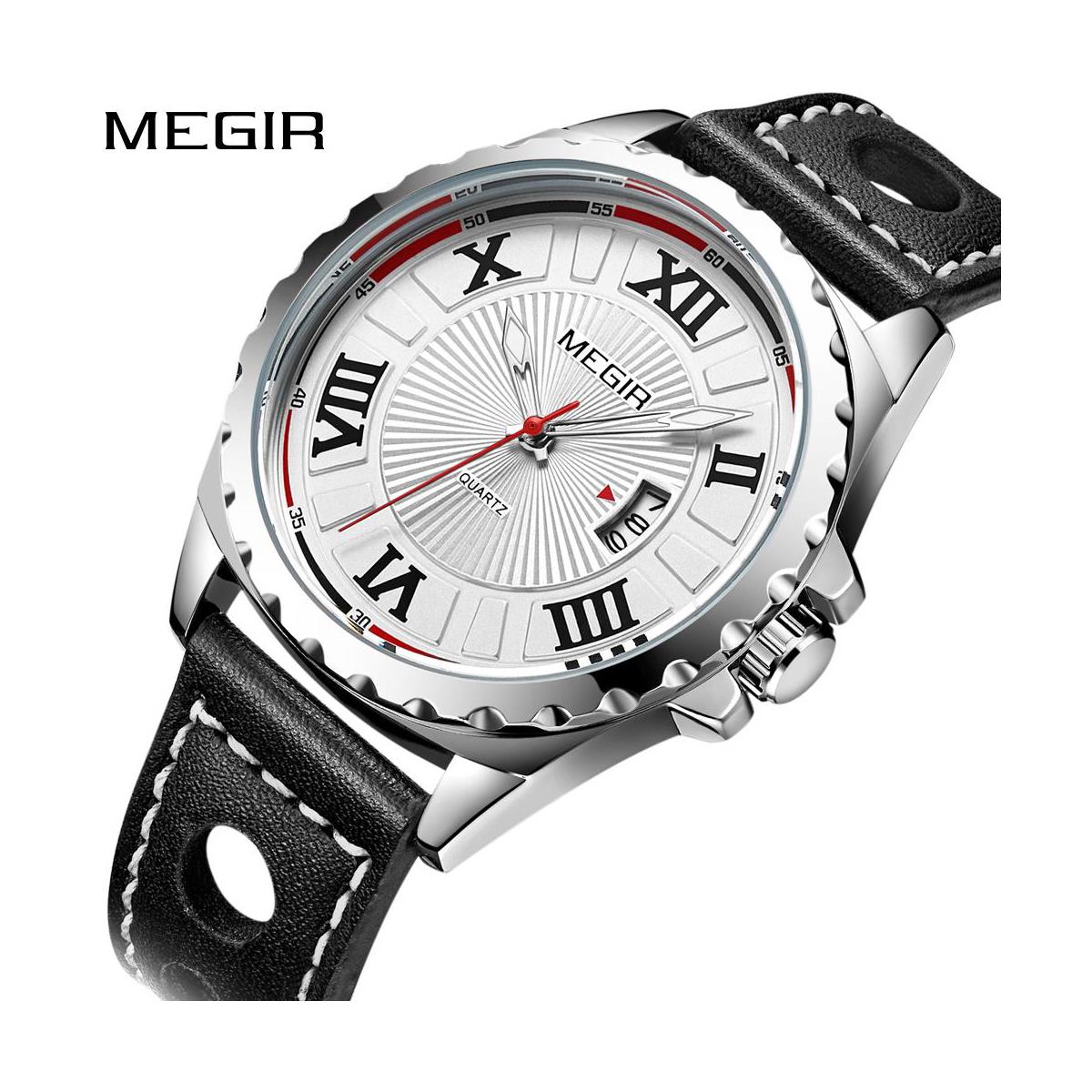 Megir Round Quartz Analogue Watch Black Silver Red Date