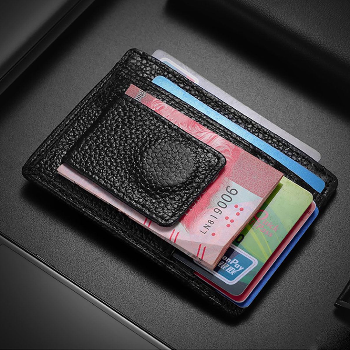 Black Genuine Real Leather Magnetic Money Clip Cash And Card ID Slim Holder UK