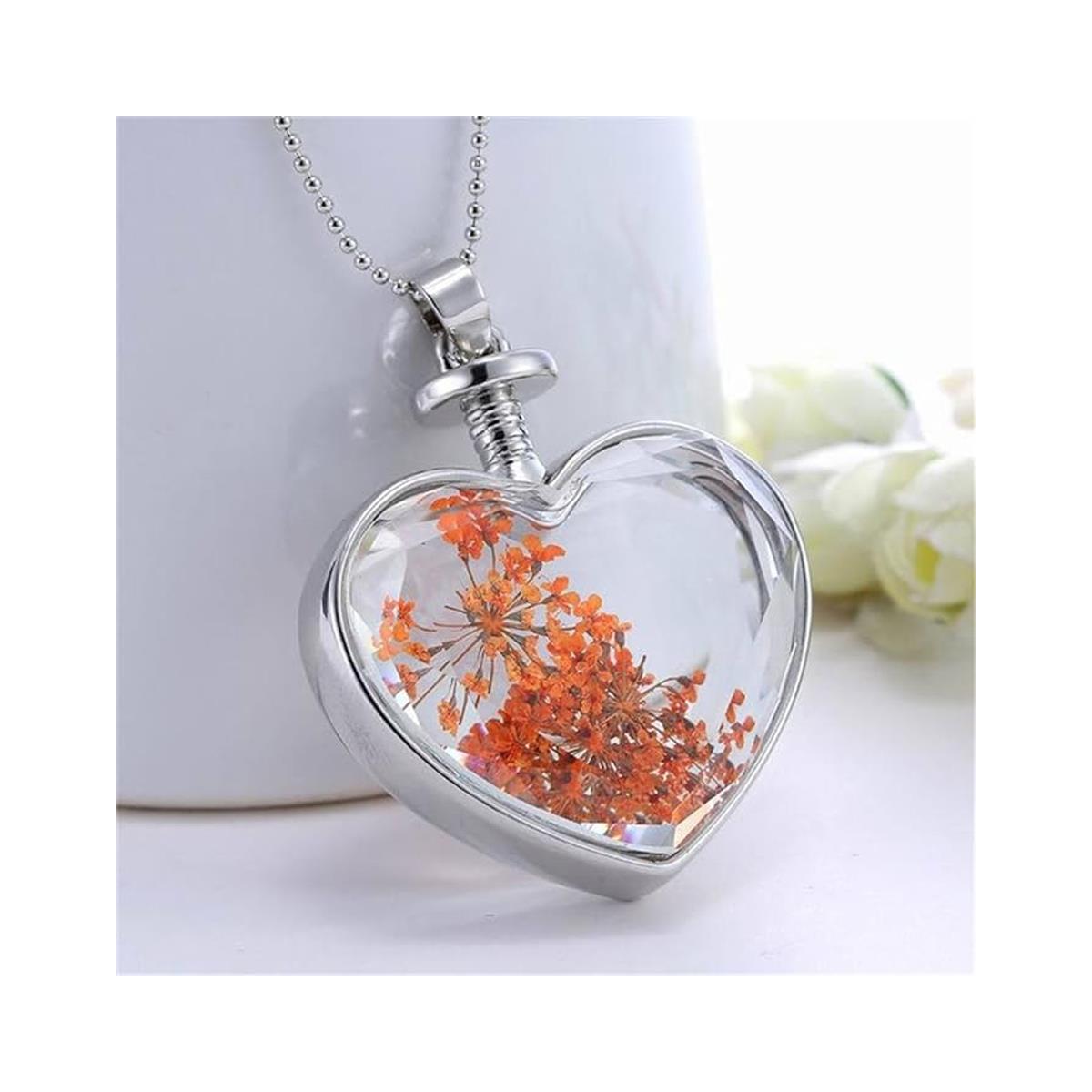 Charles William Love Heart REAL Flower Orange Saffron Pendant on Silver Necklace