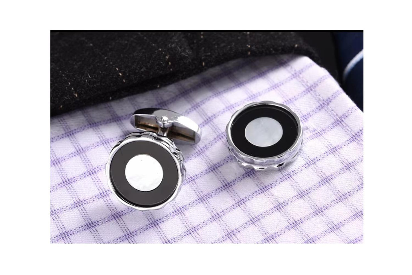 Charles William Black Cufflinks with Round Mother Pearl Circle