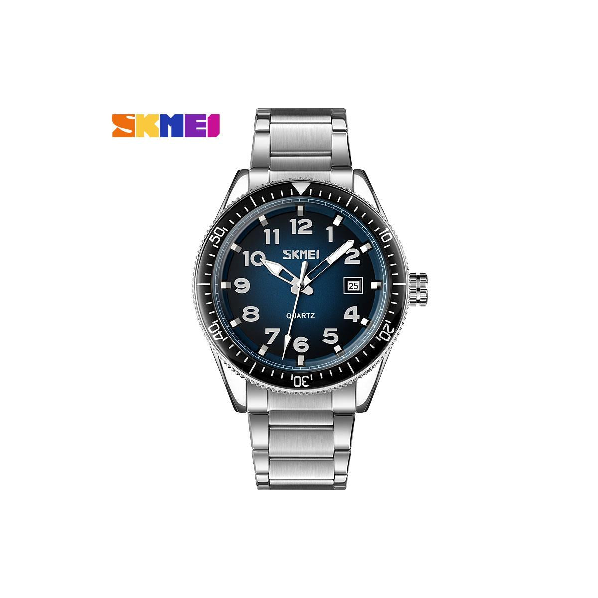 Blue Mens Watch Stainless Steel Strap with Date and Black Rotating Bezel