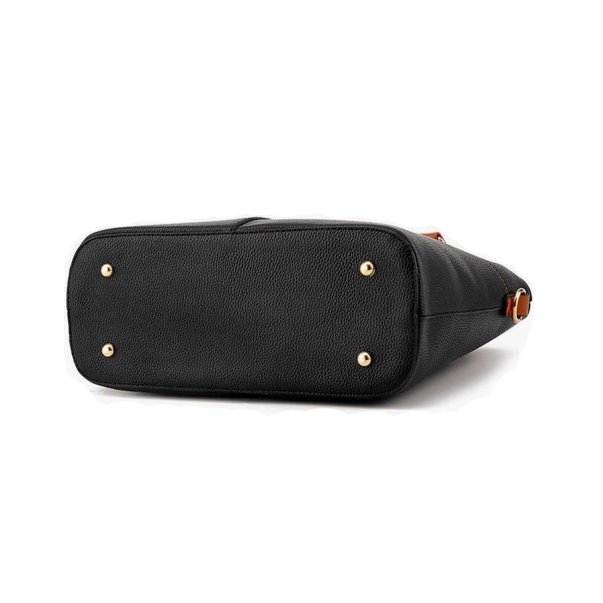 Ladies Black Handbag with Tan Strap Handle - Leather