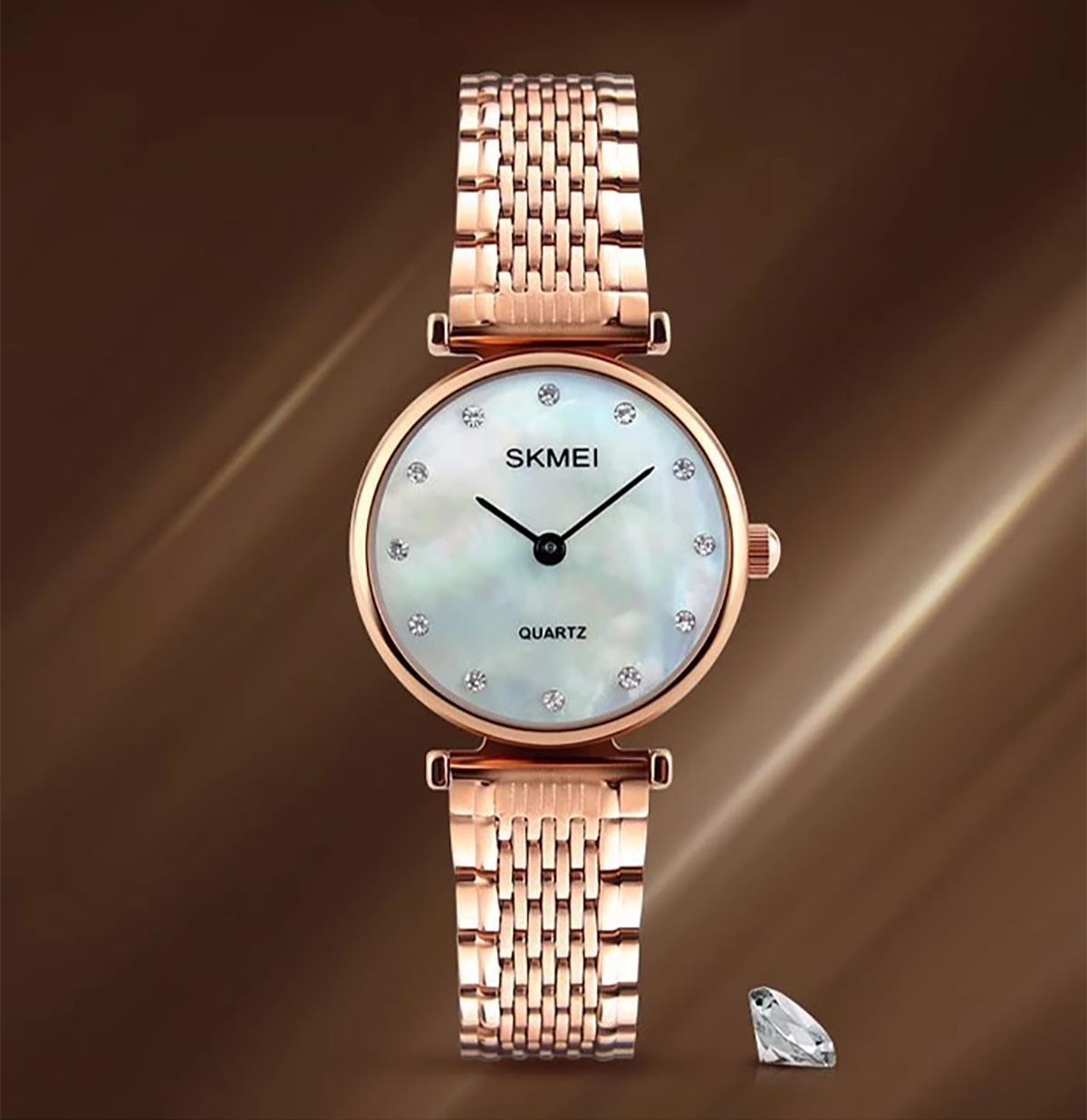 Skmei Women's Ladies Watch Rose Gold Mother Of Pearl Mesh Strap Crystal Stones SK1223