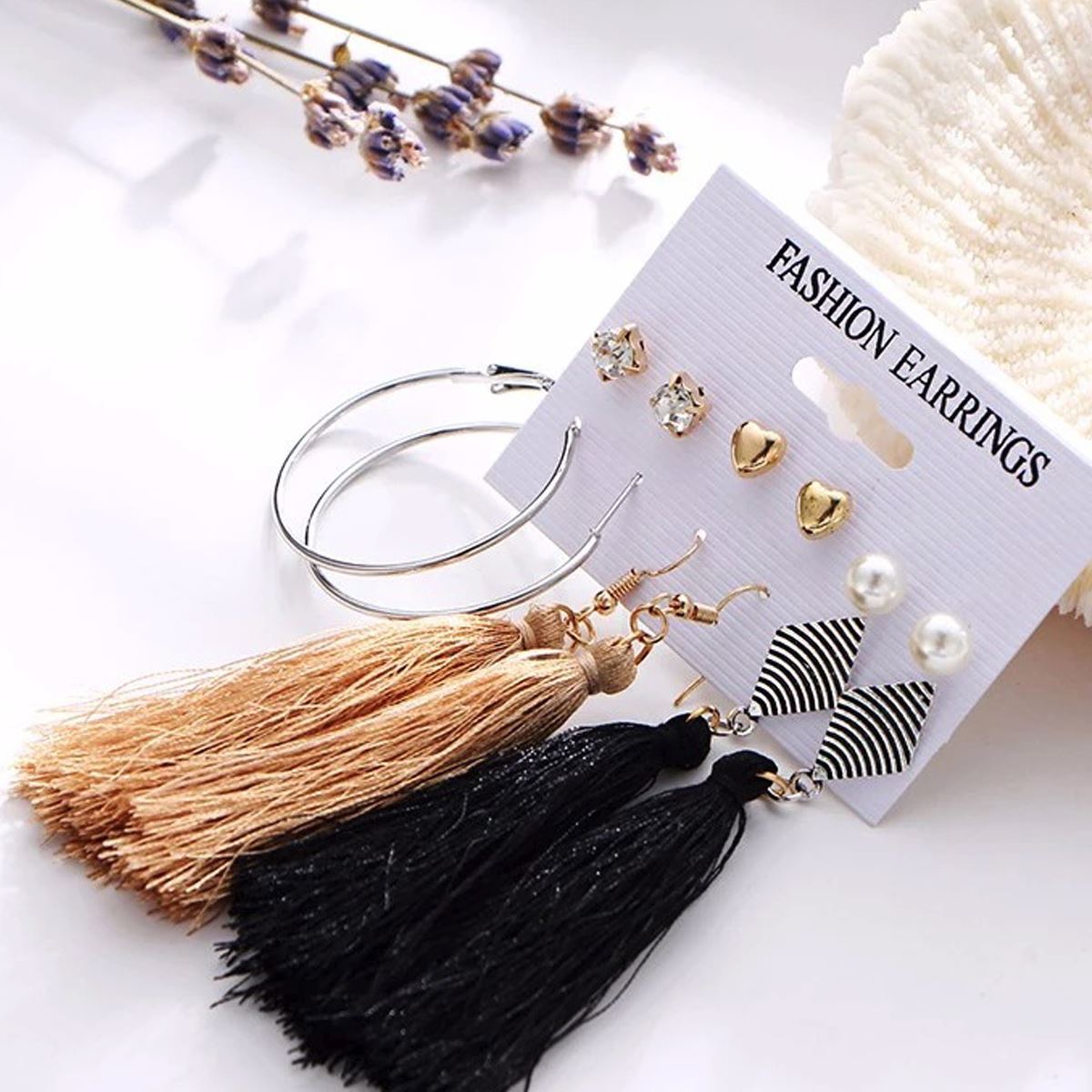 Charles William Beautiful Earring 6 Piece Set Gold Black Pearl Drop Ear ring Ladies Girls Woman Tassle