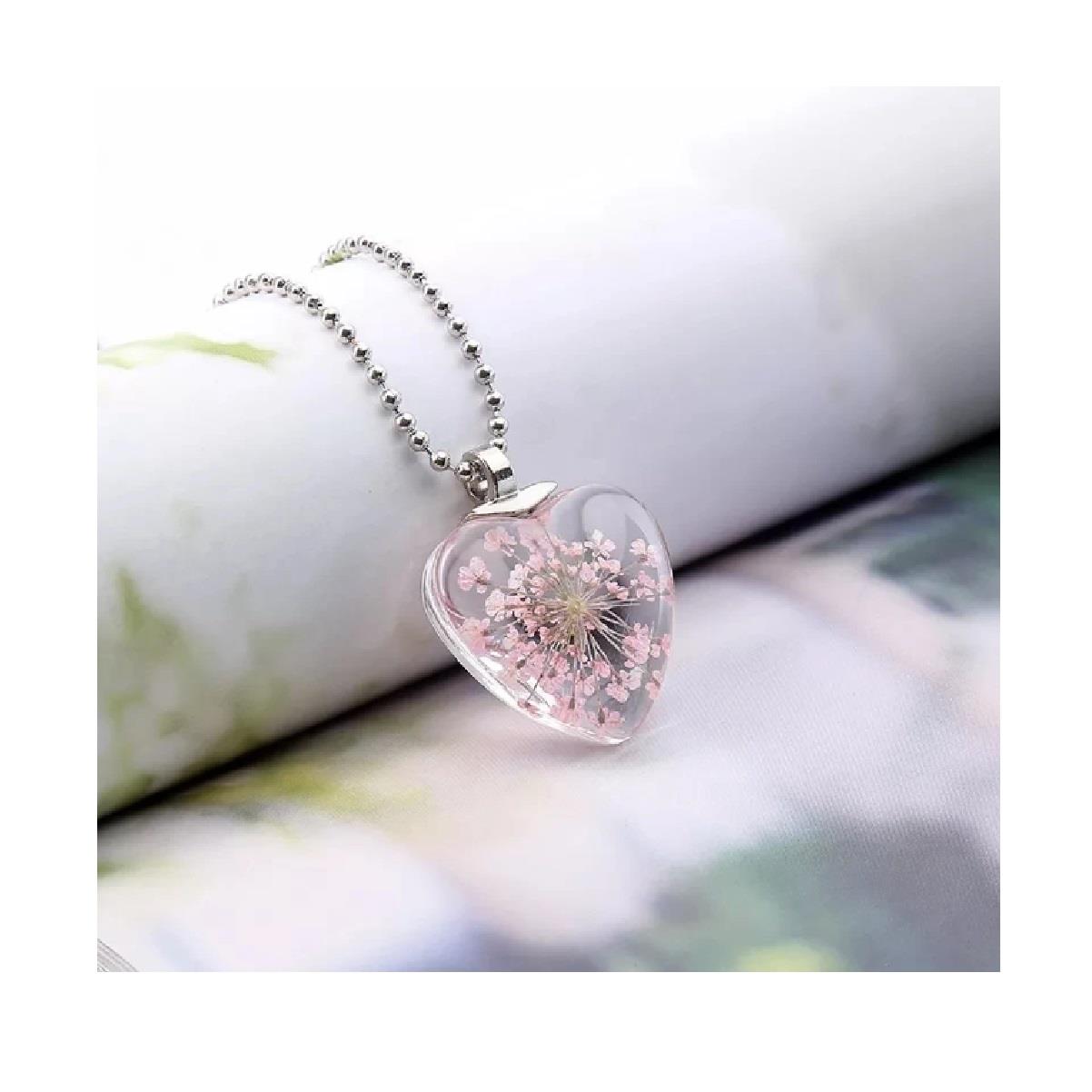 Charles William Love Heart REAL Flower Light Pink Pendant on Silver Necklace