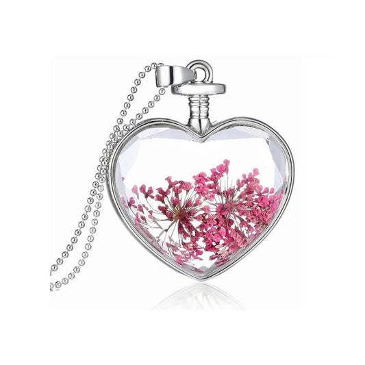 Charles William Love Heart REAL Flower Hot Pink Pendant on Silver Necklace