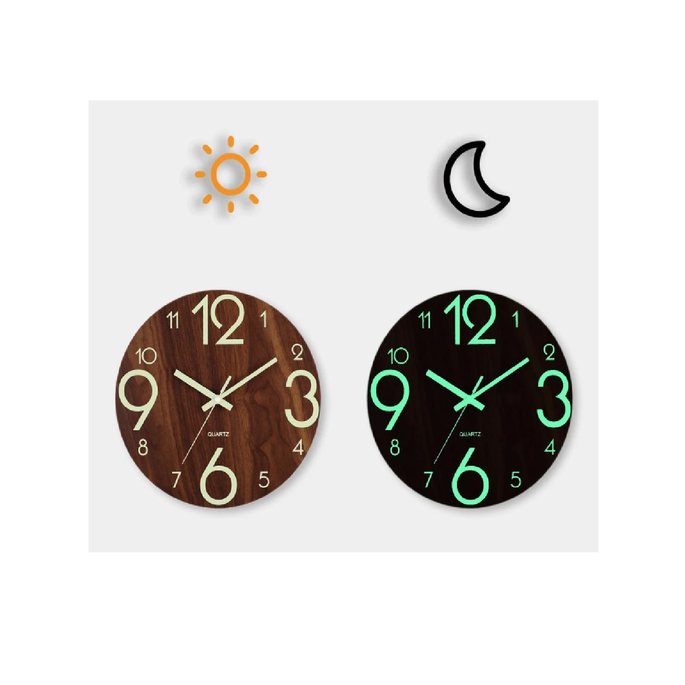 High Quality Wooden Clock Silent Movement 30cm Face Luminous Markers