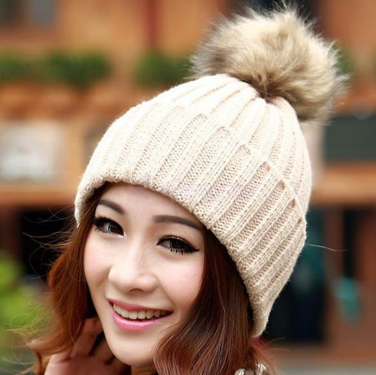 Charles William Fur Pompom Hat Knitted Winter Warm Woollly Pom Pom Beanie Classic Light Coffee