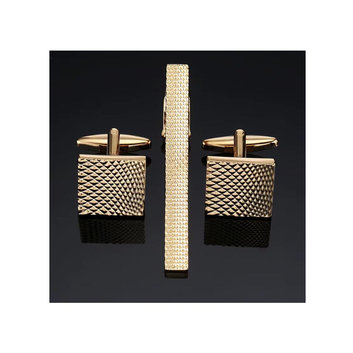 Gold Tie Clip Cufflink Set in Luxury Design with Pouch and Box