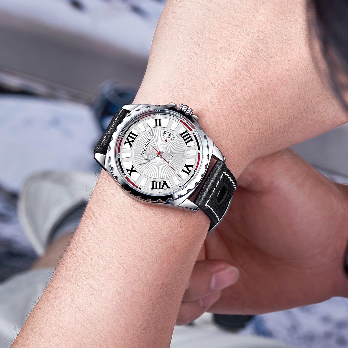 Megir Round Quartz Analogue Watch Black Silver Red Date