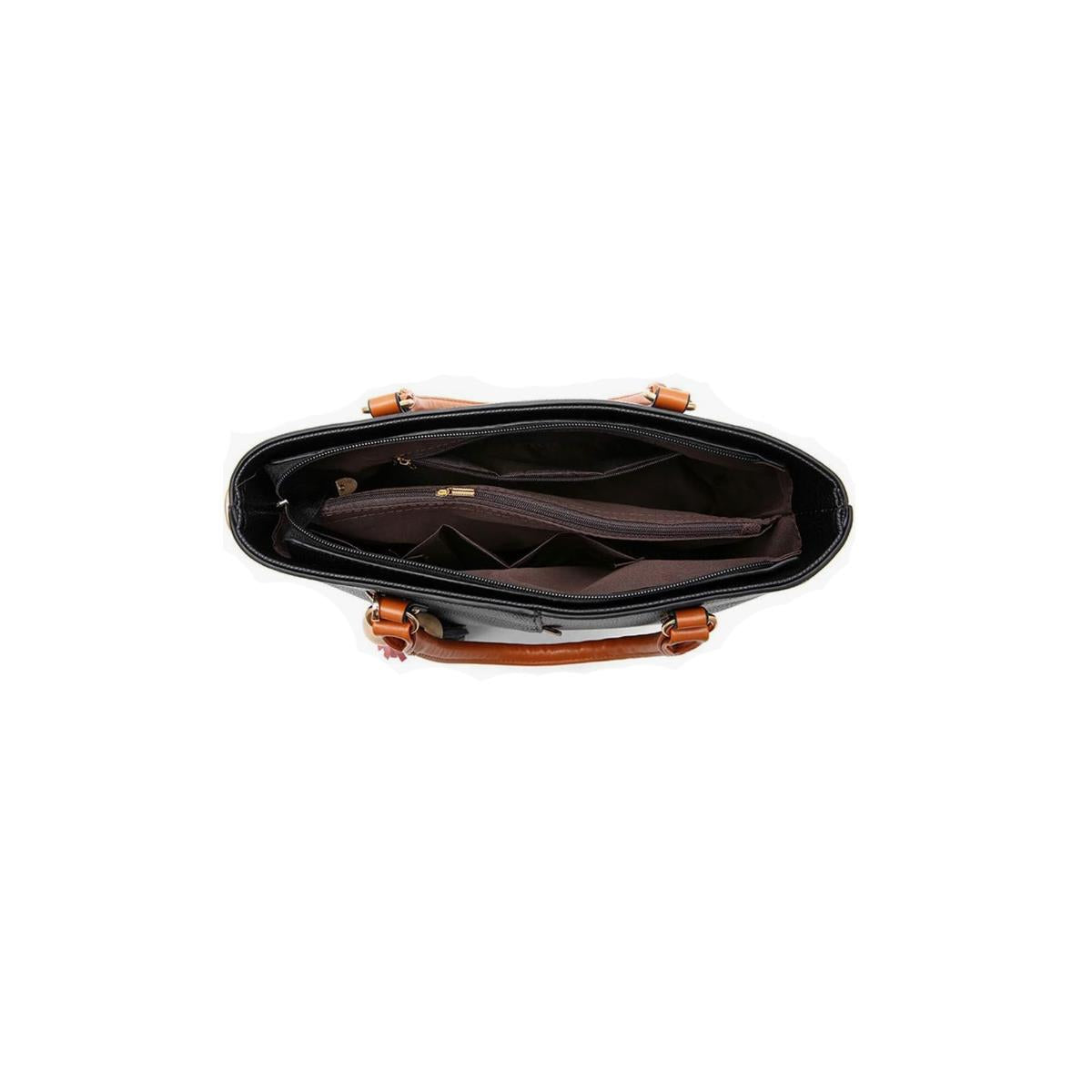 Ladies Black Handbag with Tan Strap Handle - Leather